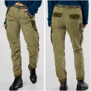 Free People Cargo Pants Camo Green Sz 10 Wild Nothing Embroidered EUC Button Fly
